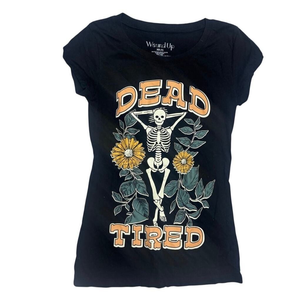 Wound Up “Dead Tired” Graphic Tee 🖤💀 Black Floral Skeleton - Size XS